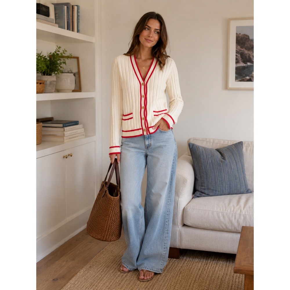 Faherty Knit Cardigan Women S Ivory Pink Organic Cotton Cashmere Ribbed Stripe